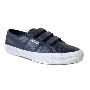 Superga Unisex Black Leather Platform Sneakers Velcro Closure Men 7.5 Womens 9